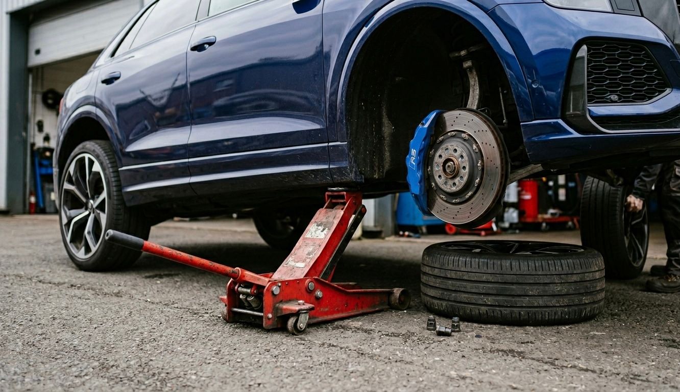 muscular man fixing car wheel